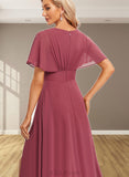 Hailey A-line V-Neck Floor-Length Chiffon Bridesmaid Dress With Ruffle UKP0019587