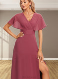 Hailey A-line V-Neck Floor-Length Chiffon Bridesmaid Dress With Ruffle UKP0019587