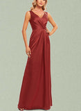 Alicia A-line V-Neck Floor-Length Silky Satin Bridesmaid Dress With Ruffle UKP0019589