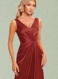 Alicia A-line V-Neck Floor-Length Silky Satin Bridesmaid Dress With Ruffle UKP0019589