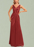 Alicia A-line V-Neck Floor-Length Silky Satin Bridesmaid Dress With Ruffle UKP0019589