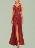 Alicia A-line V-Neck Floor-Length Silky Satin Bridesmaid Dress With Ruffle UKP0019589