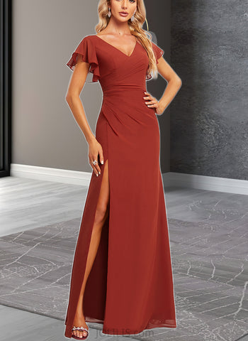 Mary A-line V-Neck Floor-Length Chiffon Bridesmaid Dress With Ruffle UKP0019590