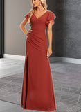 Mary A-line V-Neck Floor-Length Chiffon Bridesmaid Dress With Ruffle UKP0019590