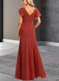 Mary A-line V-Neck Floor-Length Chiffon Bridesmaid Dress With Ruffle UKP0019590