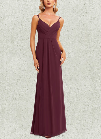 Alma A-line V-Neck Floor-Length Chiffon Bridesmaid Dress With Ruffle UKP0019592