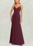 Alma A-line V-Neck Floor-Length Chiffon Bridesmaid Dress With Ruffle UKP0019592