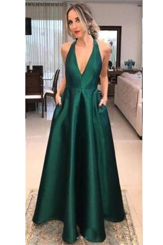 Deep V-Neck Simple Cheap Green Long Open Back Prom Dresses