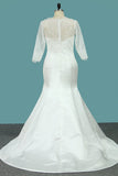 Bateau Mermaid 3/4 Length Sleeves Satin Wedding Dresses Court Train Detachable