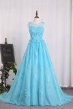 Bateau A Line Prom Dresses Tulle With Applique Sweep Train