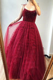 A-Line Burgundy Tulle Beaded Spaghetti Straps Scoop Long Prom SJS20390