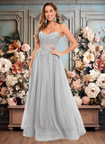 Samantha Ball-Gown/Princess V-Neck Floor-Length Tulle Prom Dresses With Sequins Appliques Lace JLP0025837