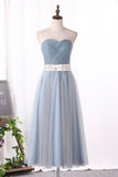 Simple A-Line Tulle Prom Dress Sweetheart With Sash Tea Length