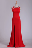 Sexy Open Back Prom Dresses Scoop Spandex With Beads And Slit Sheath