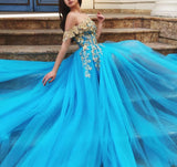 Elegant Off the Shoulder Blue Lace Prom Dresses with Gold Appliques Tulle Party Dresses SJS15187