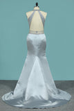 Open Back Prom Dresses Mermaid Scoop Satin With Beaded Bodice