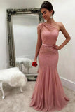 Charming Mermaid One Shoulder Tulle With Beads and Sash Prom SJS20402