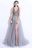 2024 New A-Line V-Neck Grey Tulle Beaded Long Sleeveless Backless Prom Dresses with Split JS884