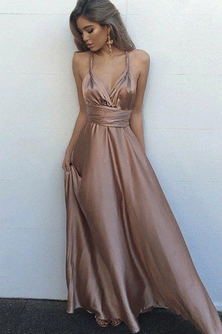 Pastel Pink A Line Floor Length Deep V Neck Sleeveless Backless Prom Dresses