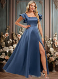 Lia A-line Square Floor-Length Satin Bridesmaid Dress With Ruffle JLP0025774