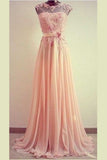 Pink A Line Sweep Train Sheer Neck Sleeveless Appliques Prom Dresses