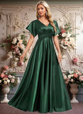 Hazel A-line V-Neck Floor-Length Stretch Satin Bridesmaid Dress JLP0025782