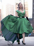 Elegant Sexy A-Line Deep V-neck Cap Sleeve High Low Green Taffeta Prom Dresses JS263