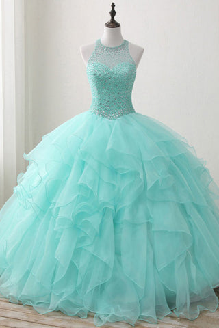 Mint Ball Gown Floor Length Halter Keyhole Back Beading Ruffles Prom Dresses