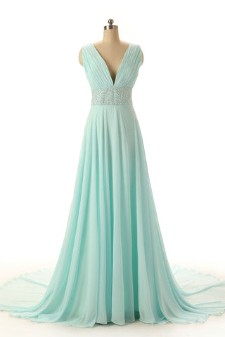 Hot Sale A-line V-Neck Beads Sleeveless Chapel Train Empire Green Chiffon Prom Dresses JS803