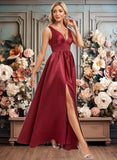 Greta A-line V-Neck Floor-Length Satin Bridesmaid Dress JLP0025775