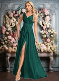 Claire A-line V-Neck Floor-Length Satin Prom Dresses JLP0025877