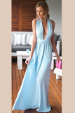 Blue A Line Floor Length Deep V Neck Sleeveless X Back Prom Dresses