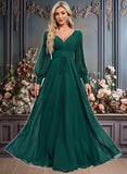 Jamya A-line V-Neck Floor-Length Chiffon Bridesmaid Dress JLP0025816