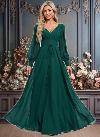 Jamya A-line V-Neck Floor-Length Chiffon Bridesmaid Dress JLP0025816