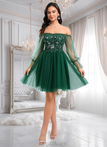 Gabriela A-line Off the Shoulder Short Tulle Homecoming Dress With Sequins Appliques Lace JLP0025663