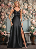 Jacey A-line V-Neck Floor-Length Stretch Satin Prom Dresses With Bow JLP0025882