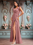 Emelia A-line V-Neck Floor-Length Chiffon Bridesmaid Dress With Ruffle JLP0025751