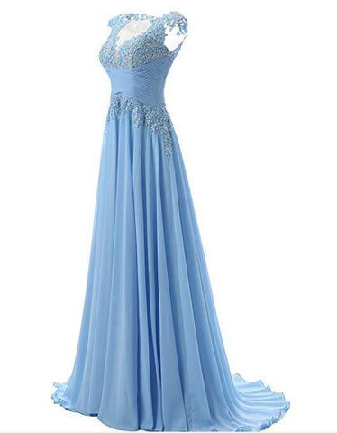 Fashion A-line Scoop Sweep Train Appliques Chiffon Sleeveless Light Blue Prom Dresses JS160