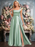 Lillie A-line Square Floor-Length Stretch Satin Bridesmaid Dress With Bow JLP0025788