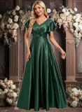 Sage A-line V-Neck Floor-Length Stretch Satin Bridesmaid Dress With Ruffle JLP0025773