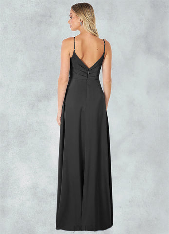 Penelope A-Line Pleated Stretch Satin Floor-Length Dress SJSP0019664