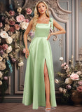 Ida A-line Square Floor-Length Satin Bridesmaid Dress With Bow JLP0025778