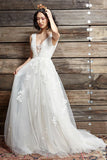 White A Line Brush Train Deep V Neck Backless Beach Wedding Dresses