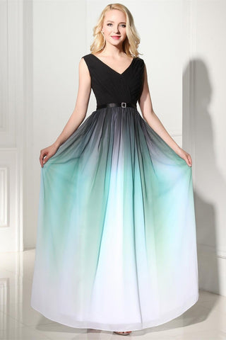 A Line Ombre Long Chiffon Formal Dress V Neck Prom Dresses UK