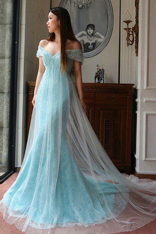 Blue A Line Court Train Off Shoulder Low Back Beading Long Prom Dresses