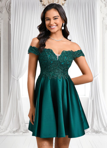 Diya A-line Off the Shoulder Short Lace Satin Homecoming Dress With Rhinestone JLP0025718