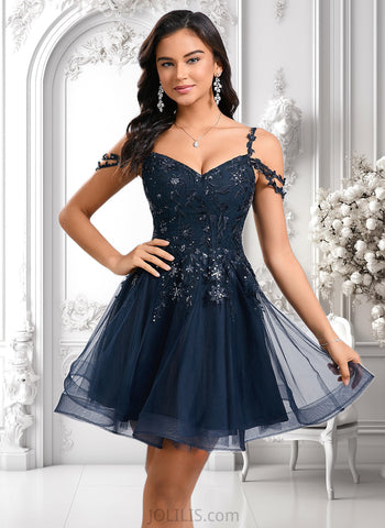 Miah A-line V-Neck Short Tulle Lace Homecoming Dress With Sequins JLP0025642