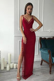 Burgundy Spaghetti Straps V Neck Sleeveless Prom Dresses with Split Side