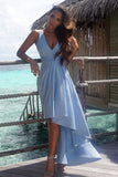 Blue A Line Asymmetrical Deep V Neck Sleeveless Prom Dresses