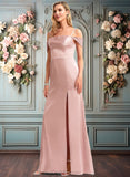 Isabelle A-line Cold Shoulder Floor-Length Stretch Satin Bridesmaid Dress JLP0025747